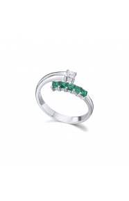 Anillo de oro blanco de 18 Kt con esmeraldas y diamante, 0,12 ct
