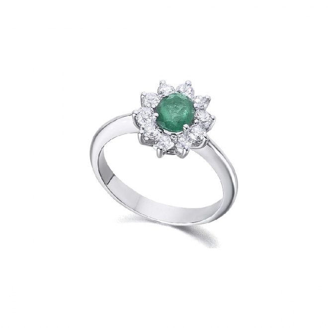 Anillo de oro blanco de 18 Kt con diamantes y esmeralda, 0,50 ct