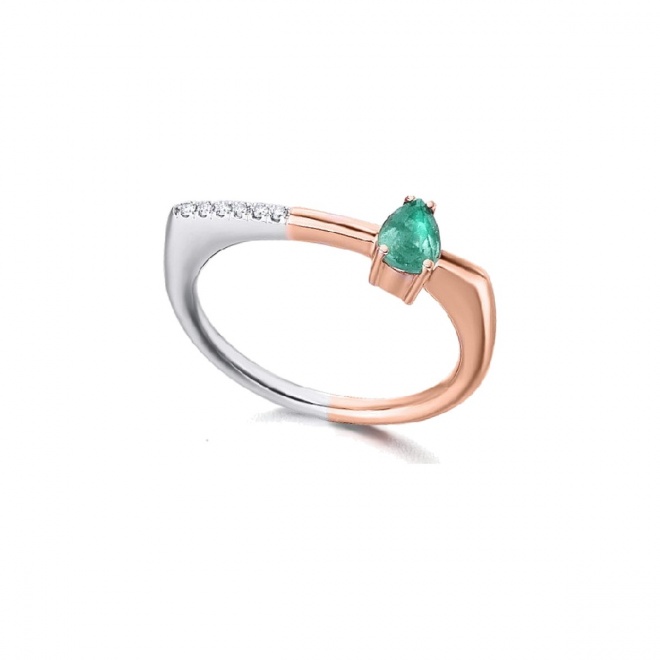 Anillo de oro blanco y rosa de 18 Kt con diamantes y esmeralda, 0,03 ct