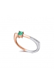 Anillo de oro blanco y rosa de 18 Kt con esmeralda y diamantes, 0,03 ct