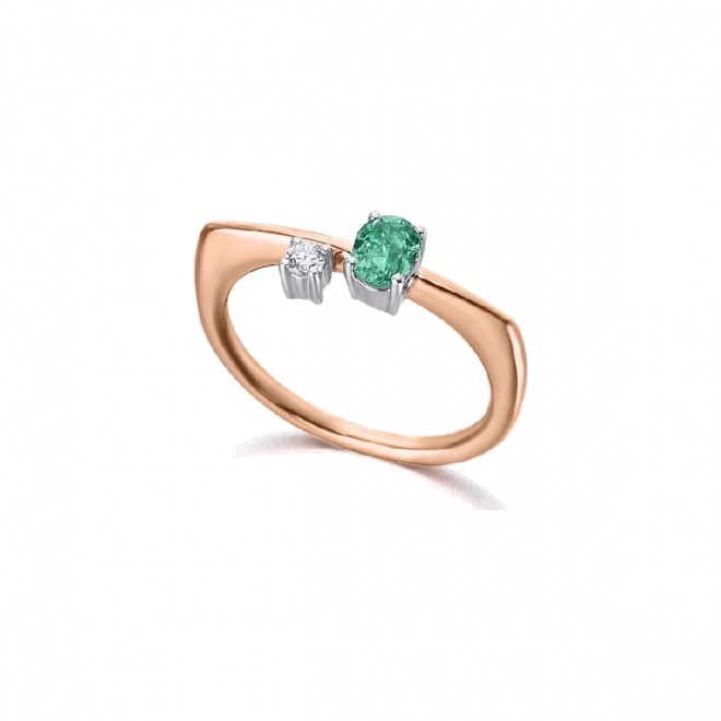 Anillo de oro rosa de 18 Kt con esmeralda y diamante, 0,05 ct