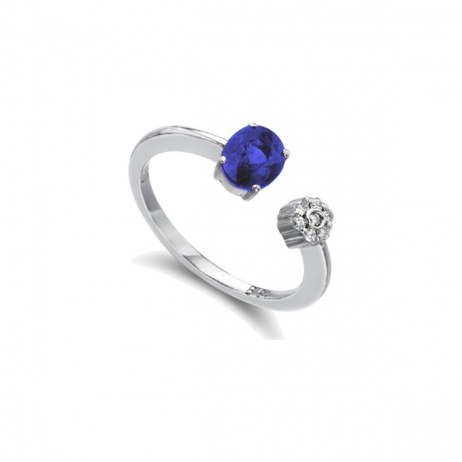 Anillo de oro blanco de 18 Kt con zafiro y diamantes, 0,05 ct
