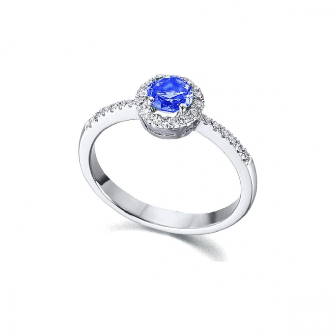 Anillo de oro blanco de 18 Kt con zafiro y diamantes, 0,21 ct