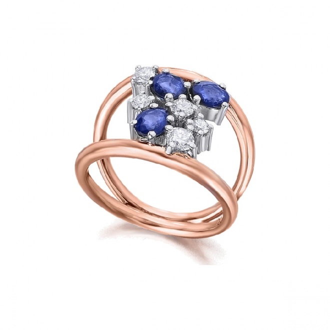 Anillo de oro blanco y rosa de 18 Kt con zafiro y diamantes, 0,42 ct