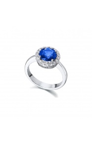 Anillo de oro blanco de 18 Kt con zafiro y orla de diamantes, 0,37 ct