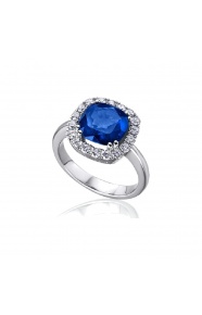 Anillo de oro blanco de 18 Kt con zafiro y orla de diamantes, 0,50 ct
