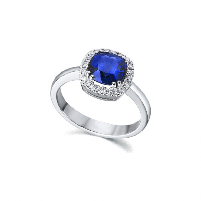 Anillo de oro blanco de 18 Kt con zafiro y diamantes, 0,19 ct
