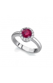Anillo de oro blanco de 18 Kt con rubí y orla de diamantes, 0,30 ct