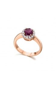Anillo de oro rosa de 18 Kt con rubí y orla de diamantes, 0,30 ct