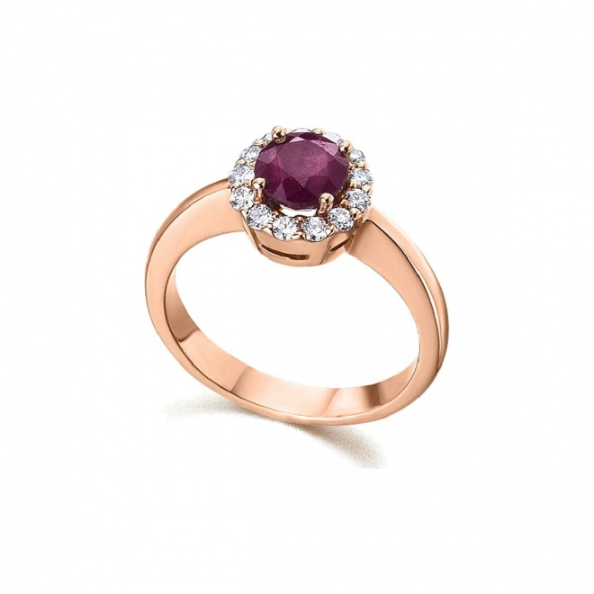 Anillo de oro rosa de 18 Kt con rubí y orla de diamantes, 0,30 ct