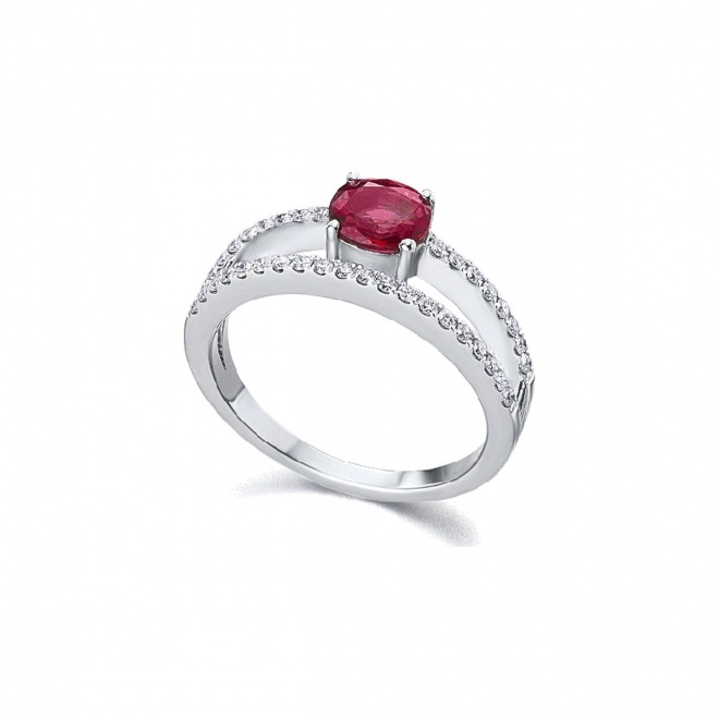 Anillo de oro blanco de 18 Kt con zafiro rojo y diamantes, 0,23 ct