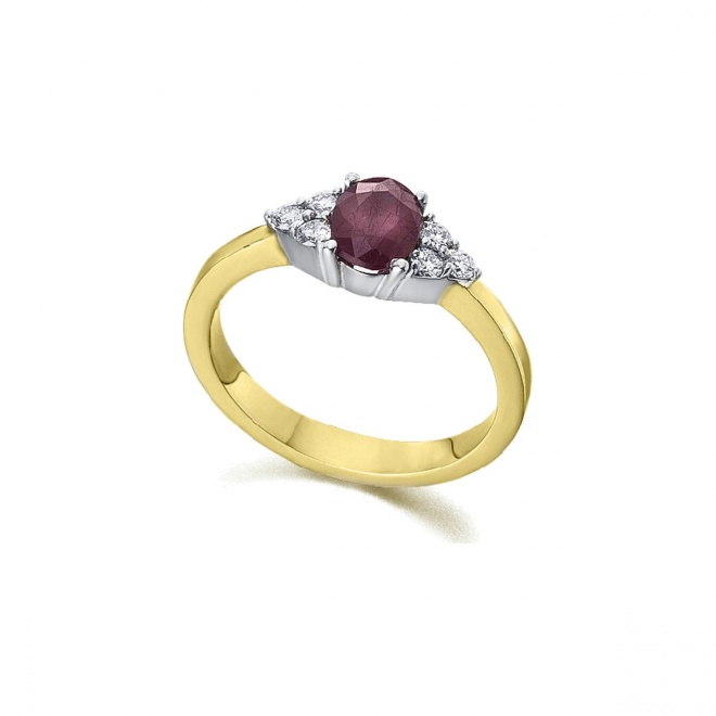 Anillo de oro blanco y amarillo de 18 Kt con rubí y diamantes, 0,18 ct