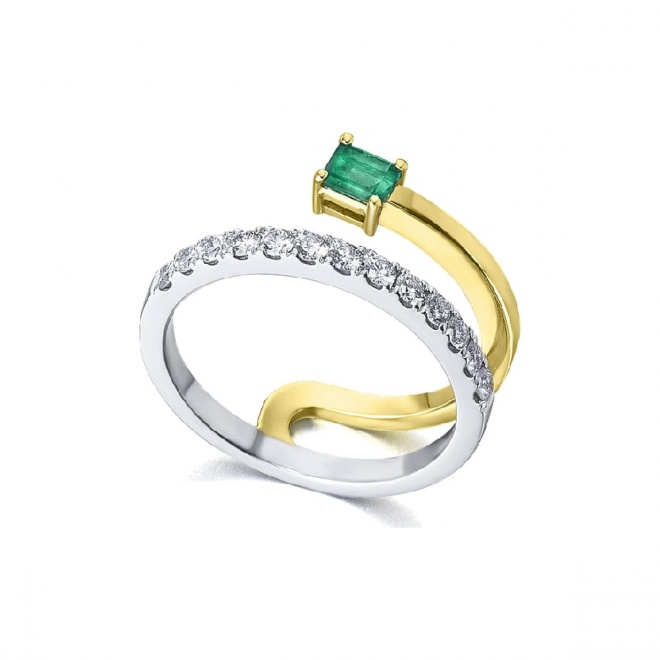 Anillo de oro blanco de 18 Kt con esmeralda y diamantes, 0,37 ct