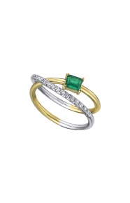 Anillo de oro blanco y amarillo de 18 Kt con esmeralda y diamantes, 0,16 ct