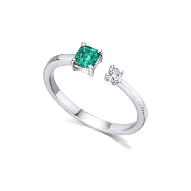 Anillo de oro blanco de 18 Kt con esmeralda y diamante, 0,05 ct