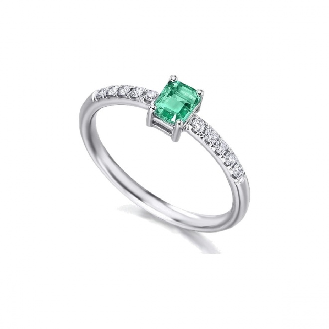 Anillo de oro blanco de 18 Kt con esmeralda y diamantes, 0,13 ct