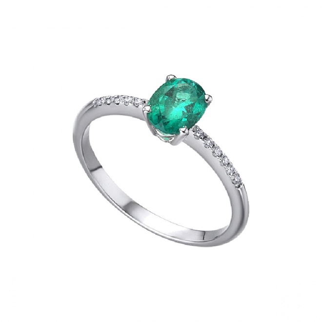 Anillo de oro blanco de 18 Kt con esmeralda y diamantes, 0,07 ct