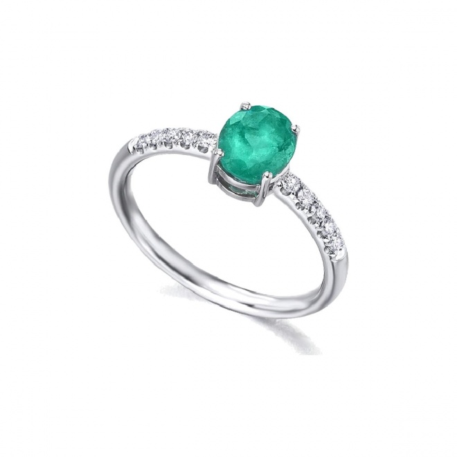 Anillo de oro blanco de 18 Kt con esmeralda y diamantes, 0,20 ct