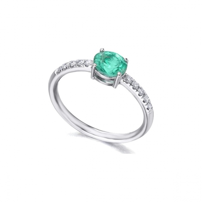Anillo de oro blanco de 18 Kt con esmeralda y diamantes, 0,13 ct