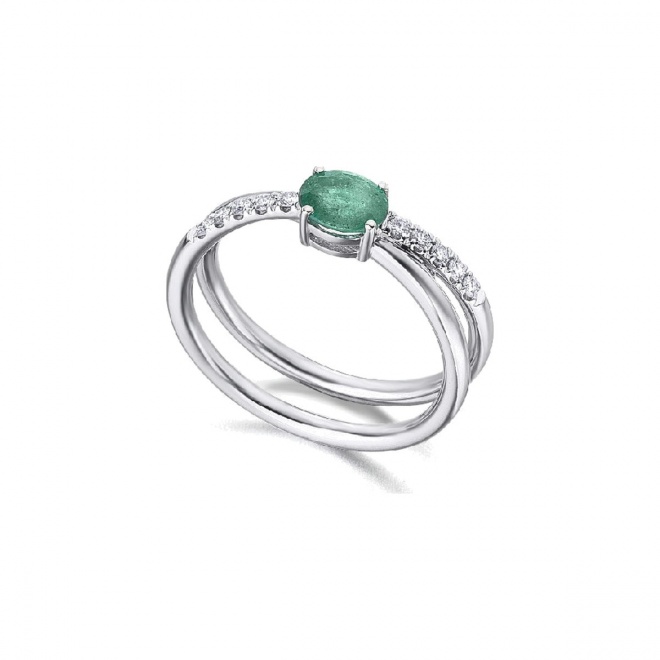 Anillo de oro blanco de 18 Kt con esmeralda y diamantes, 0,12 ct