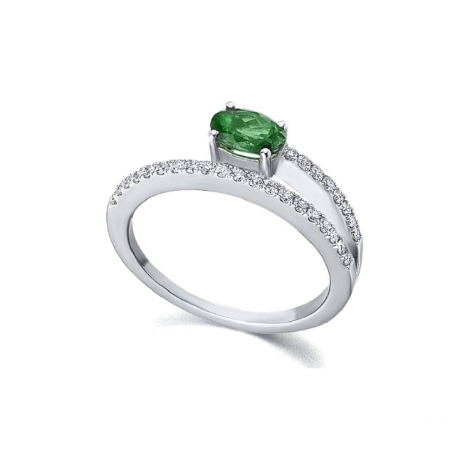 Anillo de oro blanco de 18 Kt con tsavorita y diamantes, 0,18 ct