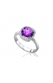 Anillo de oro blanco de 18 Kt con amatista y diamantes, 0,18 ct