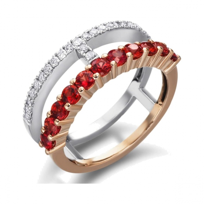 Anillo de oro blanco y rosa de 18 Kt con zafiros naranja y diamantes, 0,18 ct