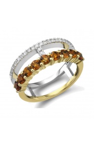 Anillo de oro blanco y amarillo de 18 Kt con diamantes y turmalinas amarillas, 0,18 ct