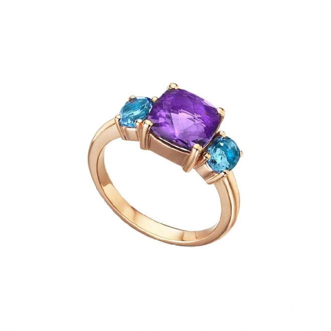 Anillo de oro rosa con amatista y topacios
