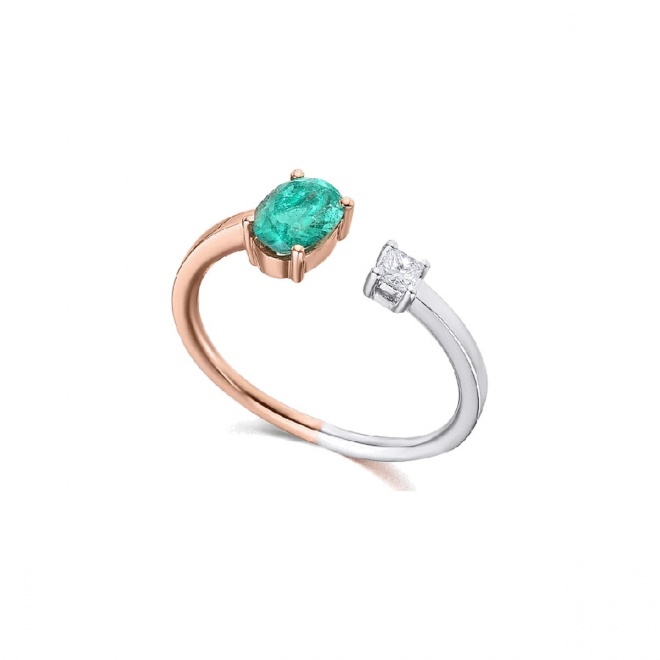Anillo de oro blanco de 18 Kt con esmeralda y diamante, 0,09 ct