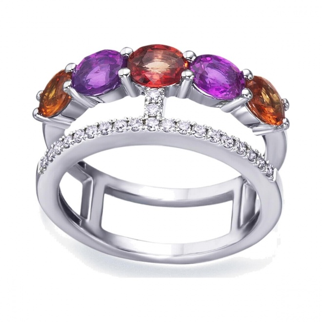 Anillo de oro blanco de 18 Kt con zafiros y diamantes, 0,16 ct