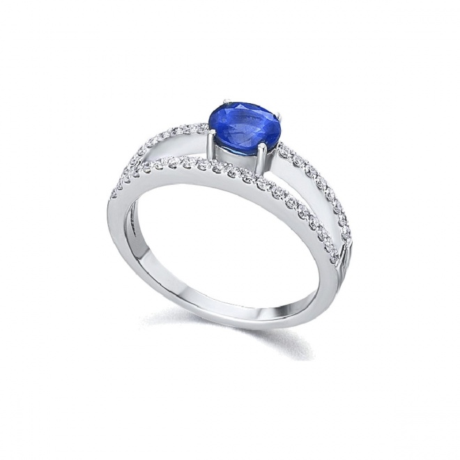 Anillo de oro blanco de 18 Kt con zafiro y diamantes, 0,23 ct