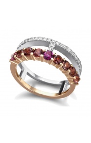Anillo de oro blanco y rosa de 18 Kt con diamantes y turmalinas rosas, 0,18 ct