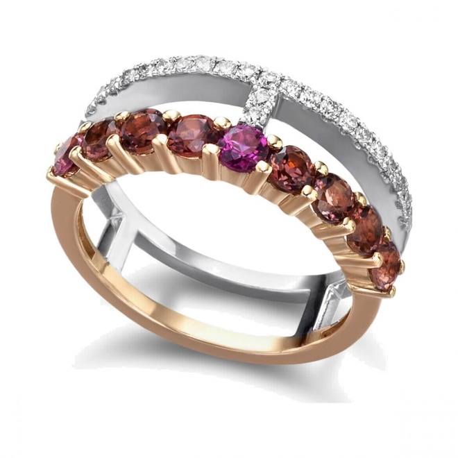 Anillo de oro blanco y rosa de 18 Kt con diamantes y turmalinas rosas, 0,18 ct
