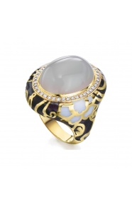 Anillo de oro amarillo de 18 Kt con calcedonia, esmalte y diamantes, 0,41 ct