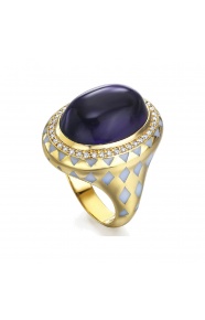 Anillo de oro amarillo de 18 Kt con amatista, esmalte y diamantes, 0,24 ct