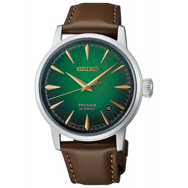 Seiko Presage Cocktail Time ∅38,5 mm - 5 ATM, Esfera verde, correa de piel de vaca - HCB002J1