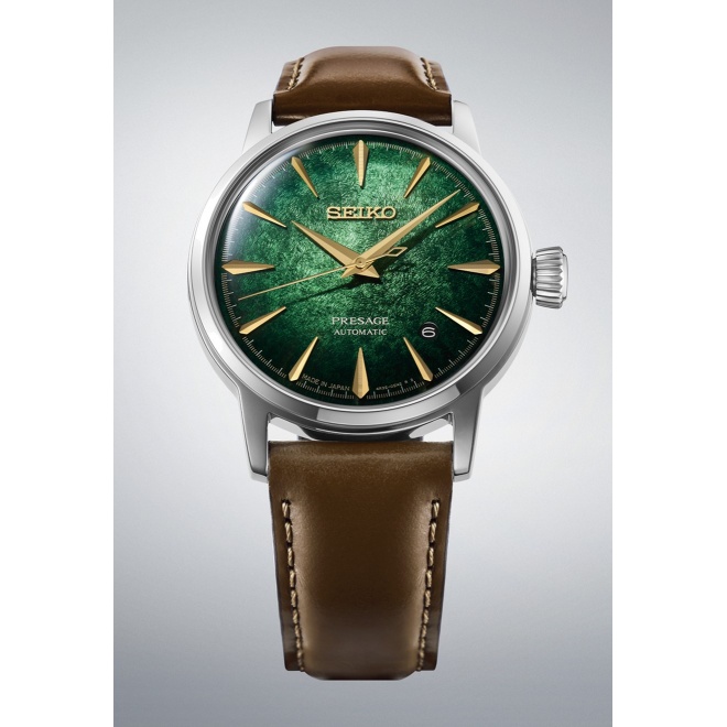 Seiko Presage Cocktail Time ∅38,5 mm - 5 ATM, Esfera verde, correa de piel de vaca - HCB002J1