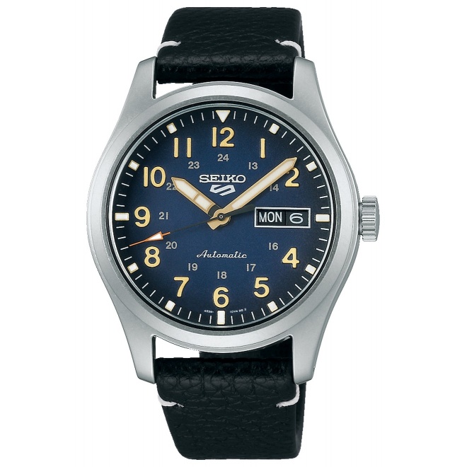 Seiko 5 Sports Field series ∅39,4 mm - 10 ATM, Esfera azul, correa de piel de vaca - SRPG39