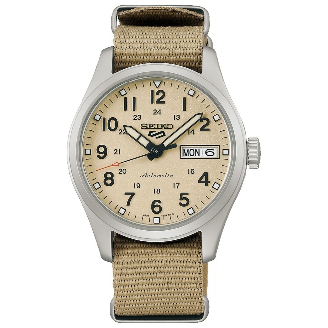 Seiko 5 Sports Field series ∅36,4 mm - 10 ATM, Esfera beige, correa de nailon - SRPJ83