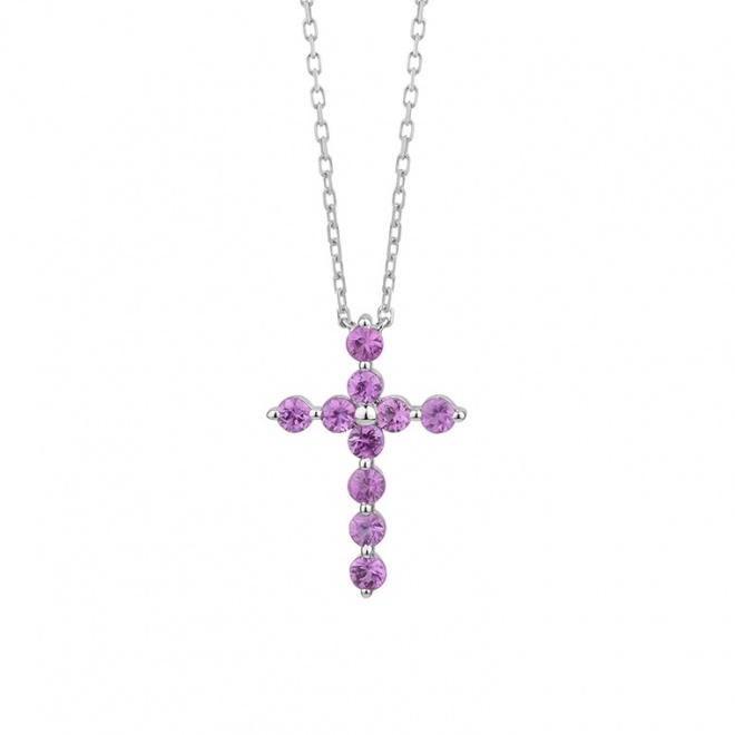 Colgante Cruz de oro blanco de 18 Kt con zafiro de 0,47 ct