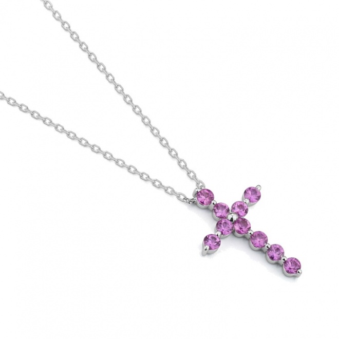 Colgante Cruz de oro blanco de 18 Kt con zafiro de 0,47 ct