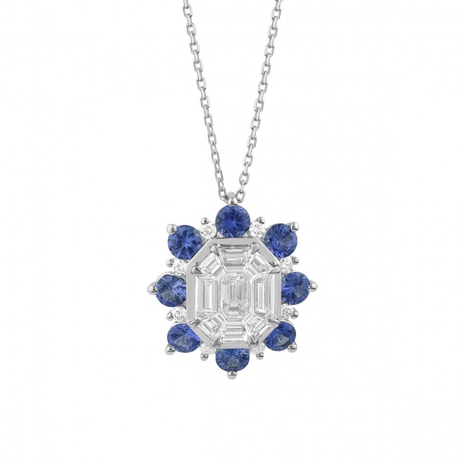 Colgante Rosetón de oro blanco de 18 Kt con zafiro azul de 1,26 ct y diamantes de 1,24 ct