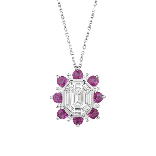 Colgante Rosetón de oro blanco de 18 Kt con rubí de 1,26 ct y diamantes de 1,24 ct
