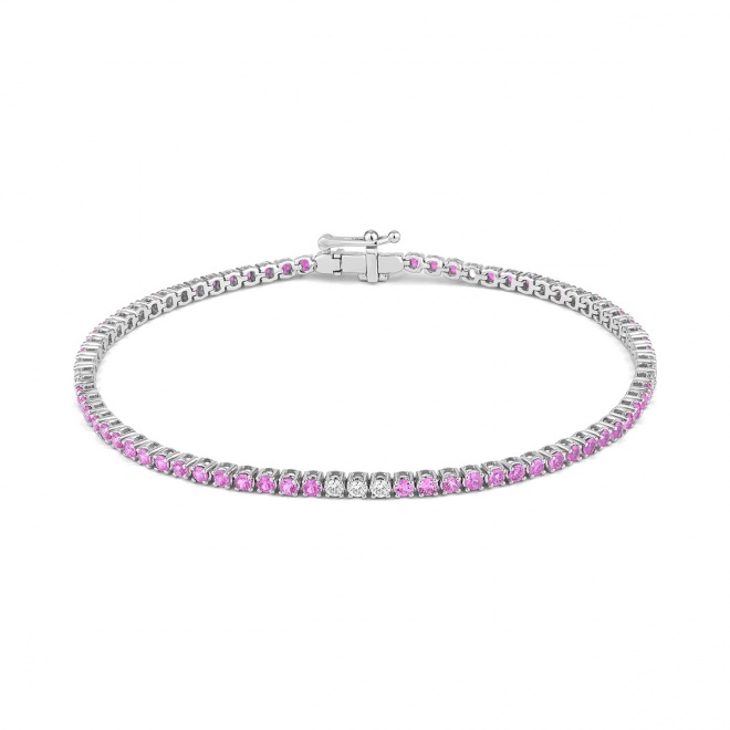 Pulsera Rivière de oro blanco de 18 Kt con zafiro rosa de 2,00 ct y diamantes de 0,32 ct