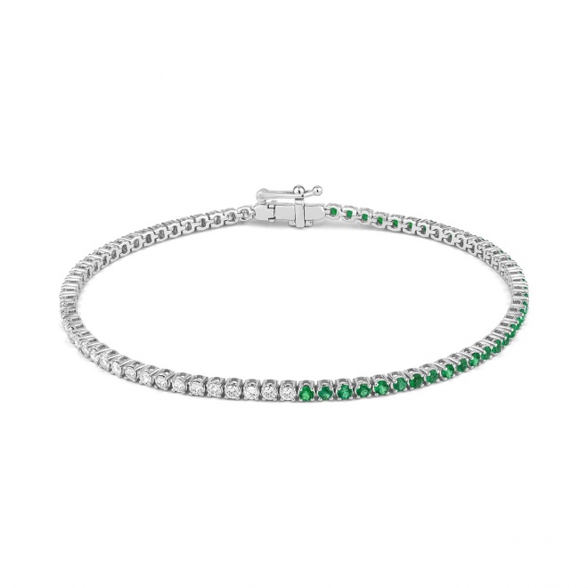 Pulsera Rivière de oro blanco de 18 Kt con esmeralda de 1,00 ct y diamantes de 0,99 ct
