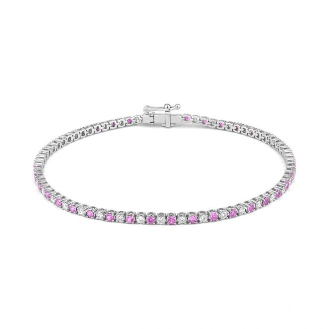 Pulsera Rivière de oro blanco de 18 Kt con zafiro rosa de 1,20 ct y diamantes de 0,99 ct