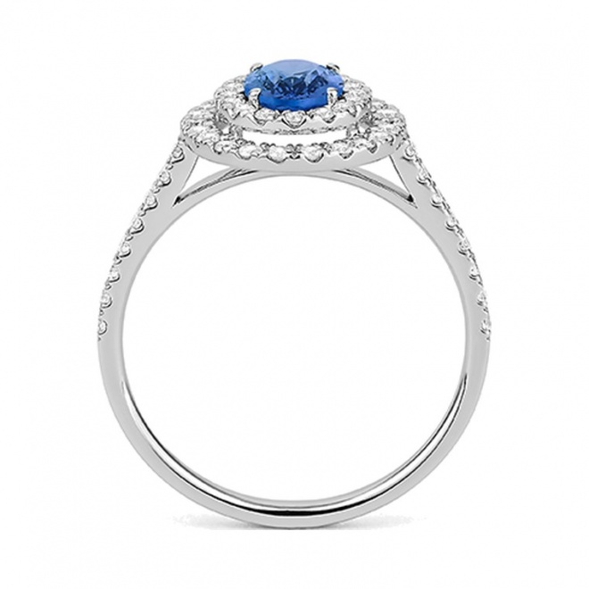 Anillo de oro blanco de 18 Kt con zafiro azul y diamantes