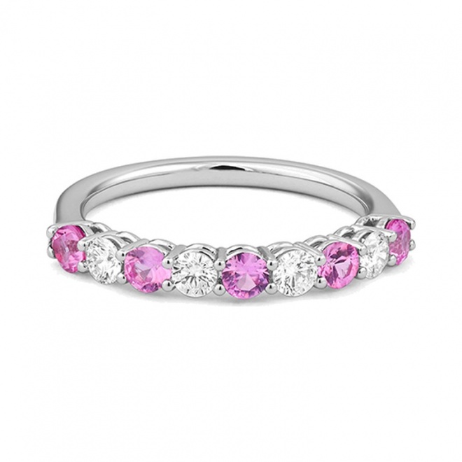 Anillo Media alianza de oro blanco de 18 Kt con zafiro rosa de 0,53 ct y diamantes de 0,38 ct