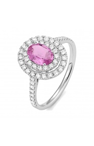 Anillo de oro blanco de 18 Kt con zafiro rosa y diamantes